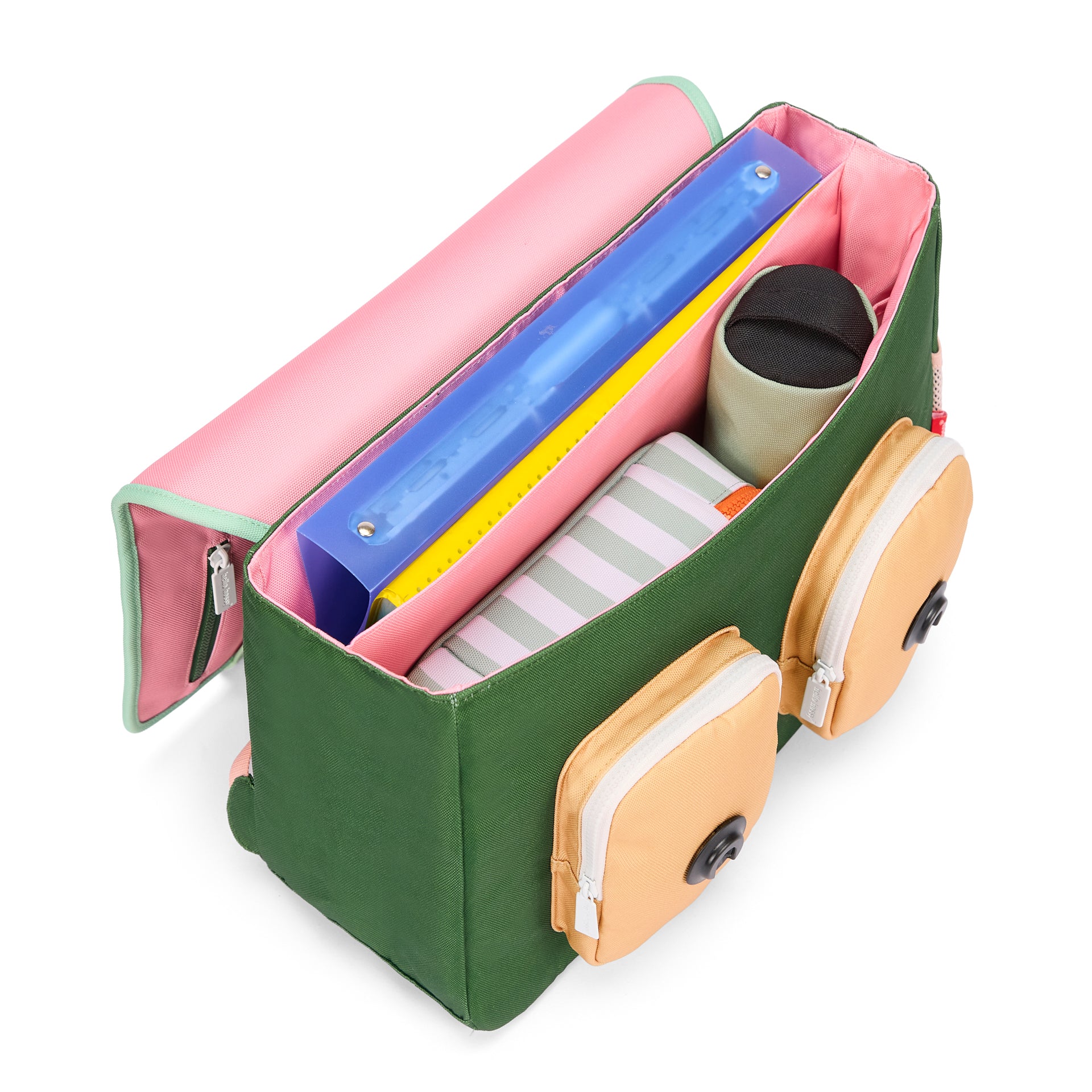 Cartable enfant rose intérieur rose extérieur vert poches beiges Hello Hossy