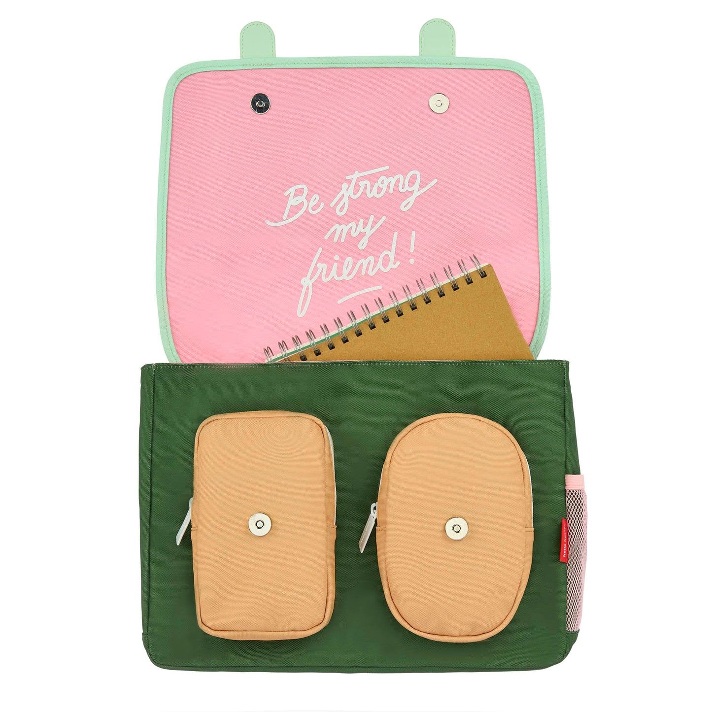 Cartable enfant vert poches beige intérieur rose message blanc Hello Hossy