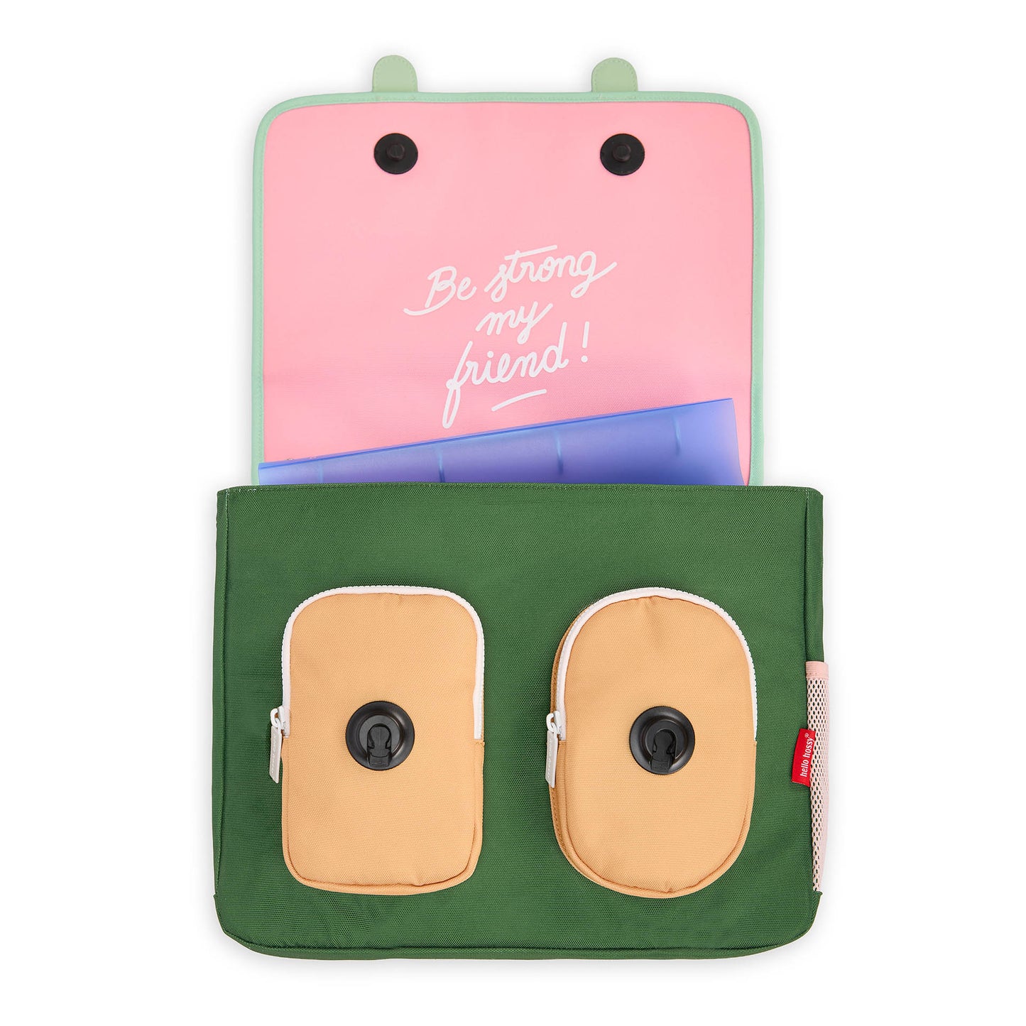 Cartable enfant vert avec poches beige intérieur rose message Hello Hossy