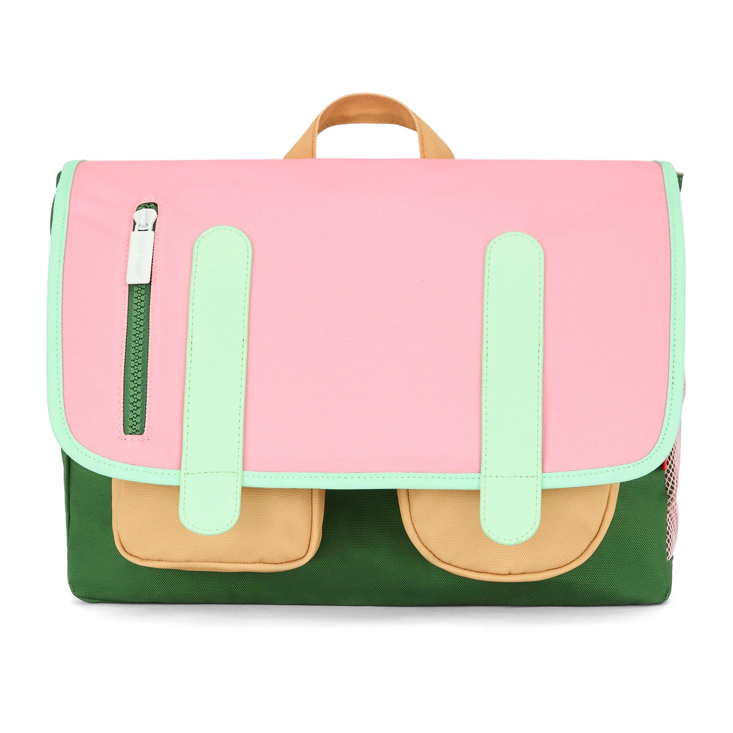 Cartable enfant rose poche beige lanières vert clair Hello Hossy