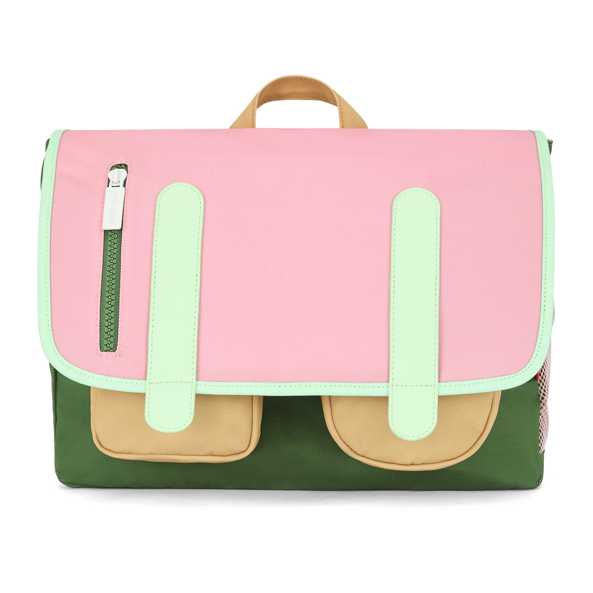 Cartable enfant rose poche beige lanières vert clair Hello Hossy