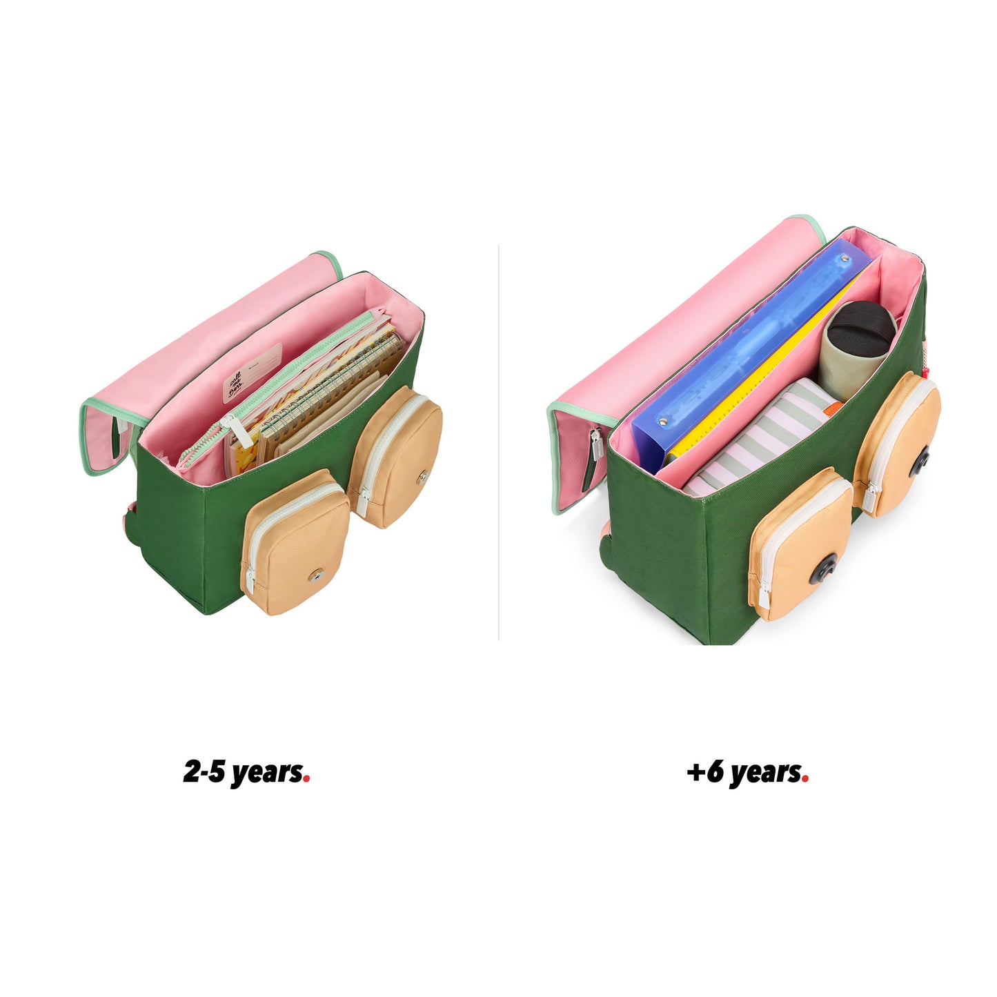 Cartable enfant rose vert détails beige poches vue ouvert comparatif 2 tailles Hello Hossy
