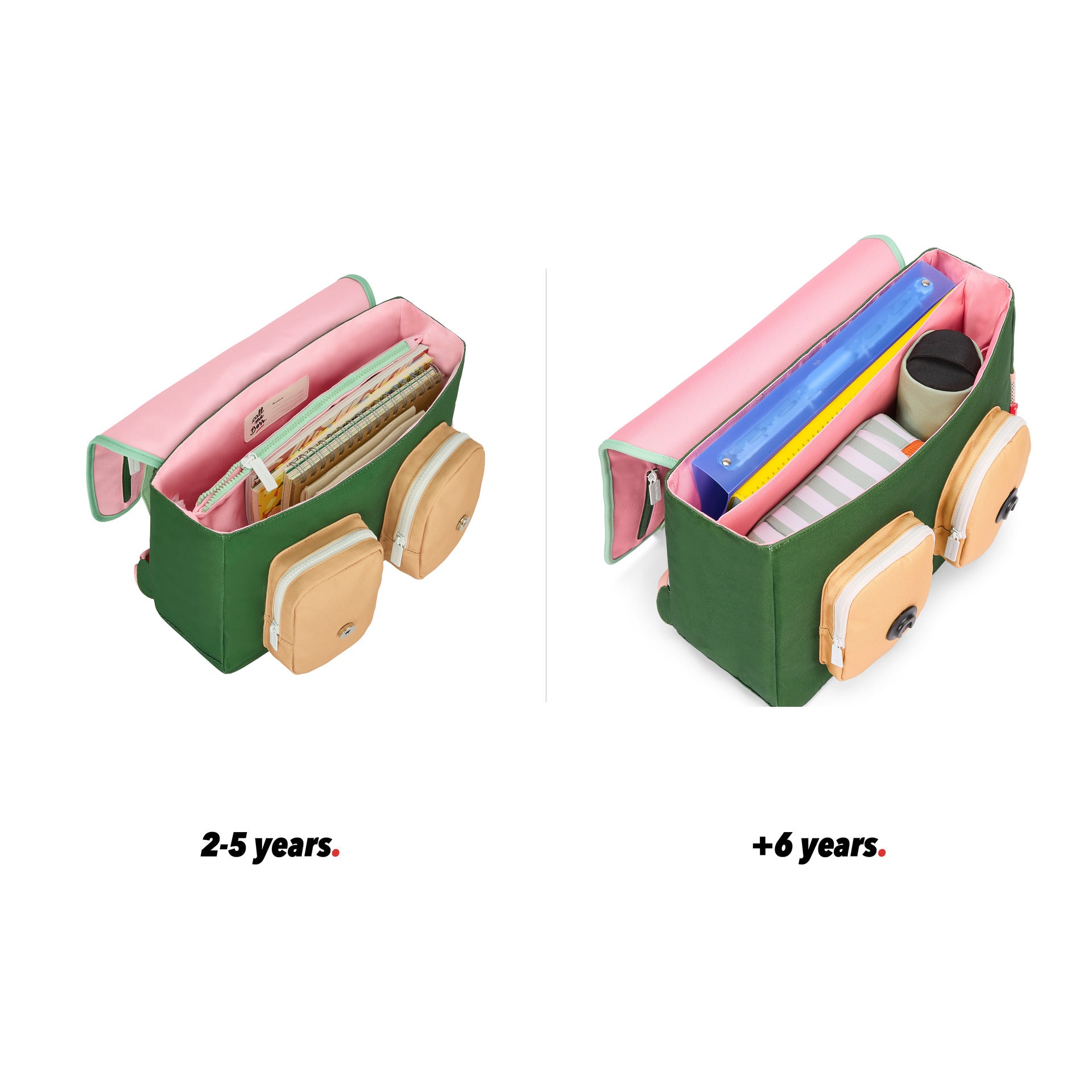 Cartable enfant rose vert détails beige poches vue ouvert comparatif 2 tailles Hello Hossy