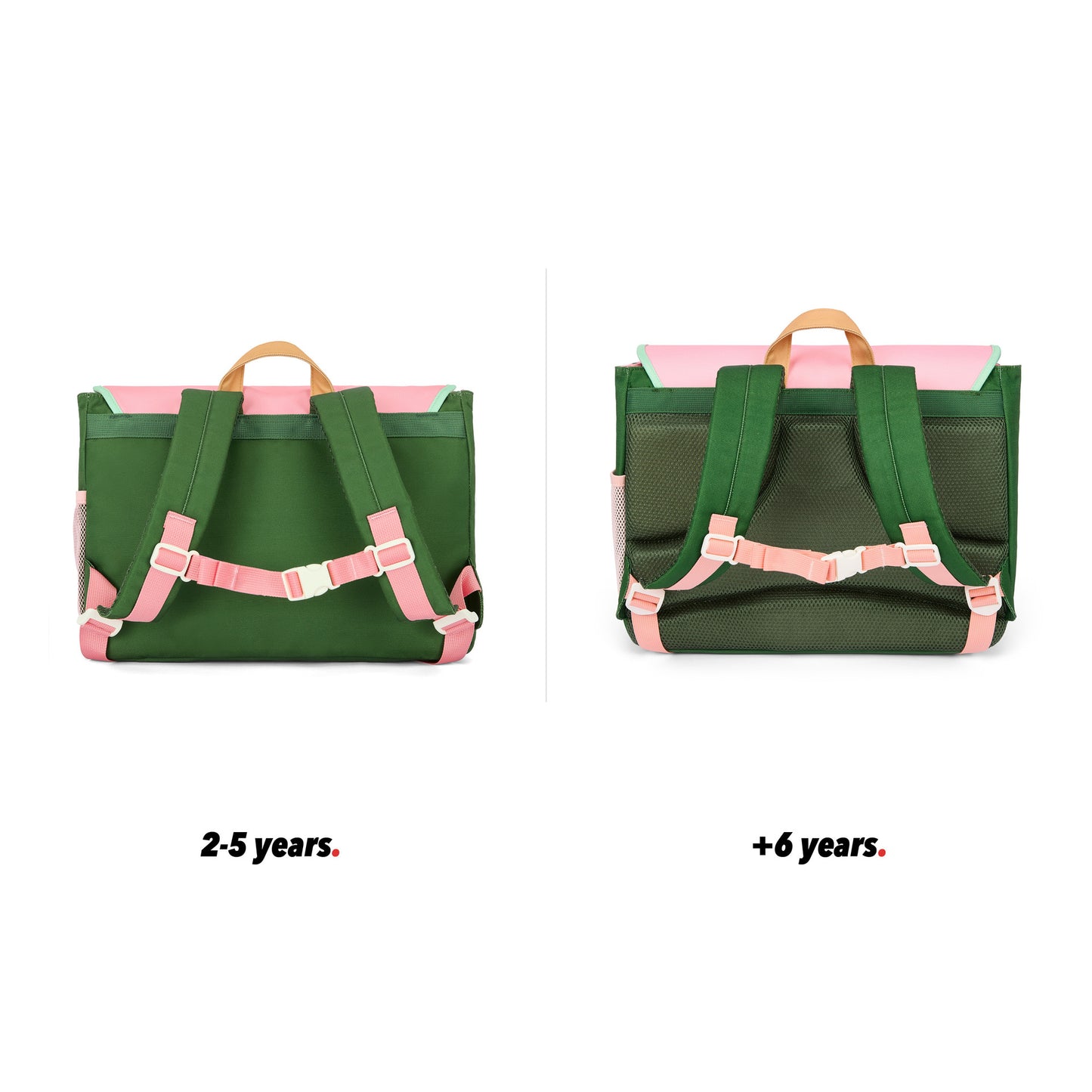 Cartable enfant rose vert détails beige poches vue de dos comparatif 2 tailles Hello Hossy