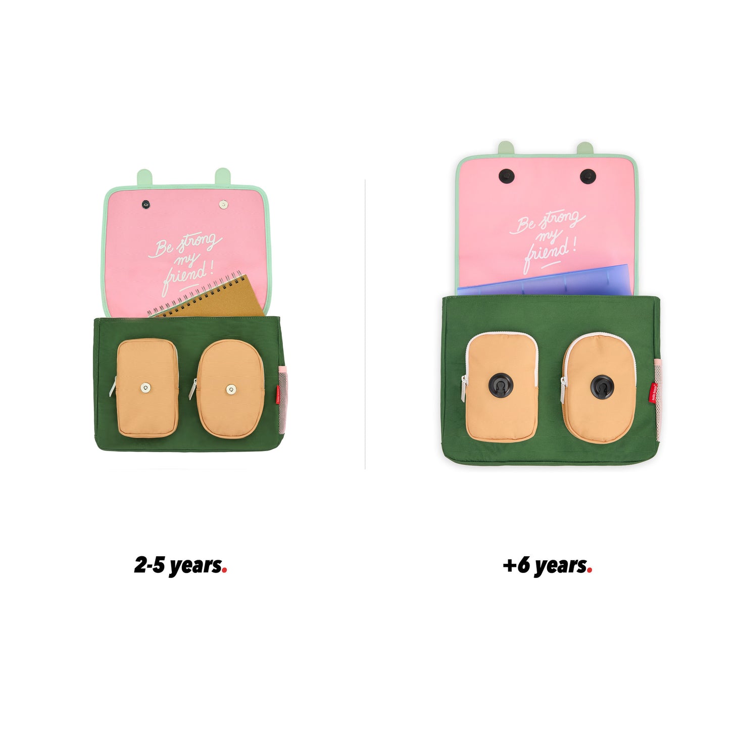 Cartable enfant rose vert détails beige poches vue de face ouvert comparatif 2 tailles Hello Hossy