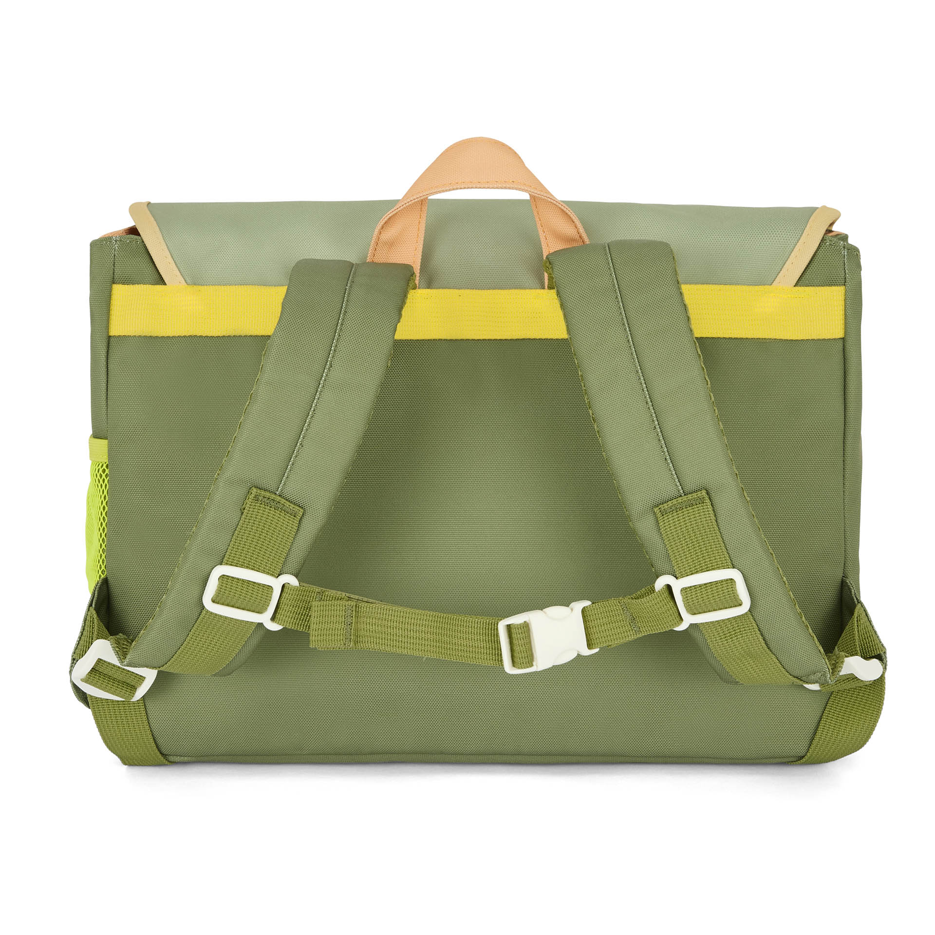 Cartable enfant vert bandoulière réglable détail jaune Hello Hossy