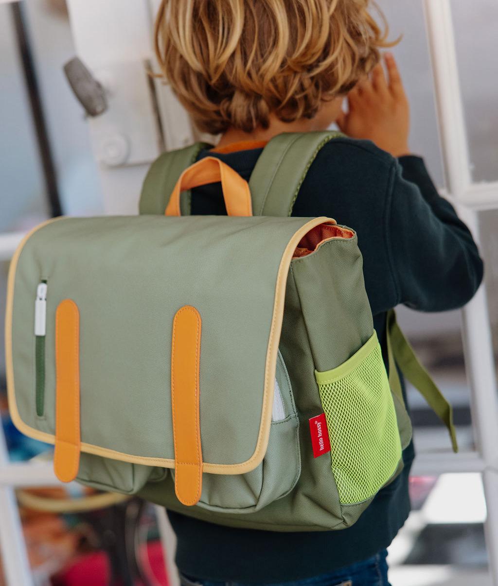 Cartable enfant vert poches filet détail orange Hello Hossy