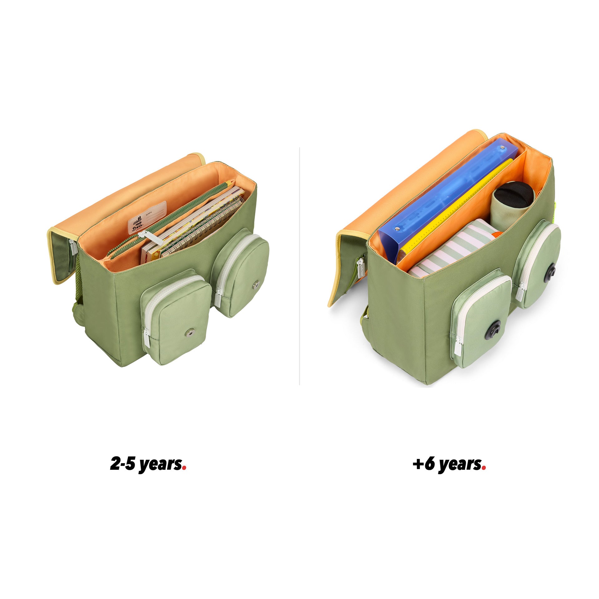 Cartable enfant vert anses marron poche vue ouvert comparatif 2 tailles Hello Hossy