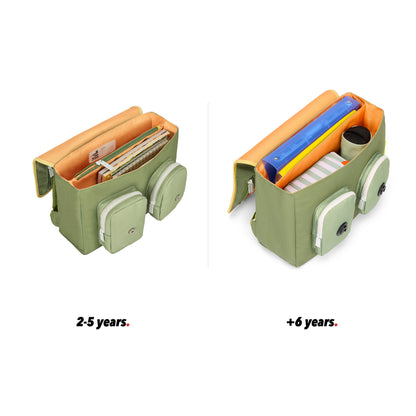 Cartable enfant vert anses marron poche vue ouvert comparatif 2 tailles Hello Hossy