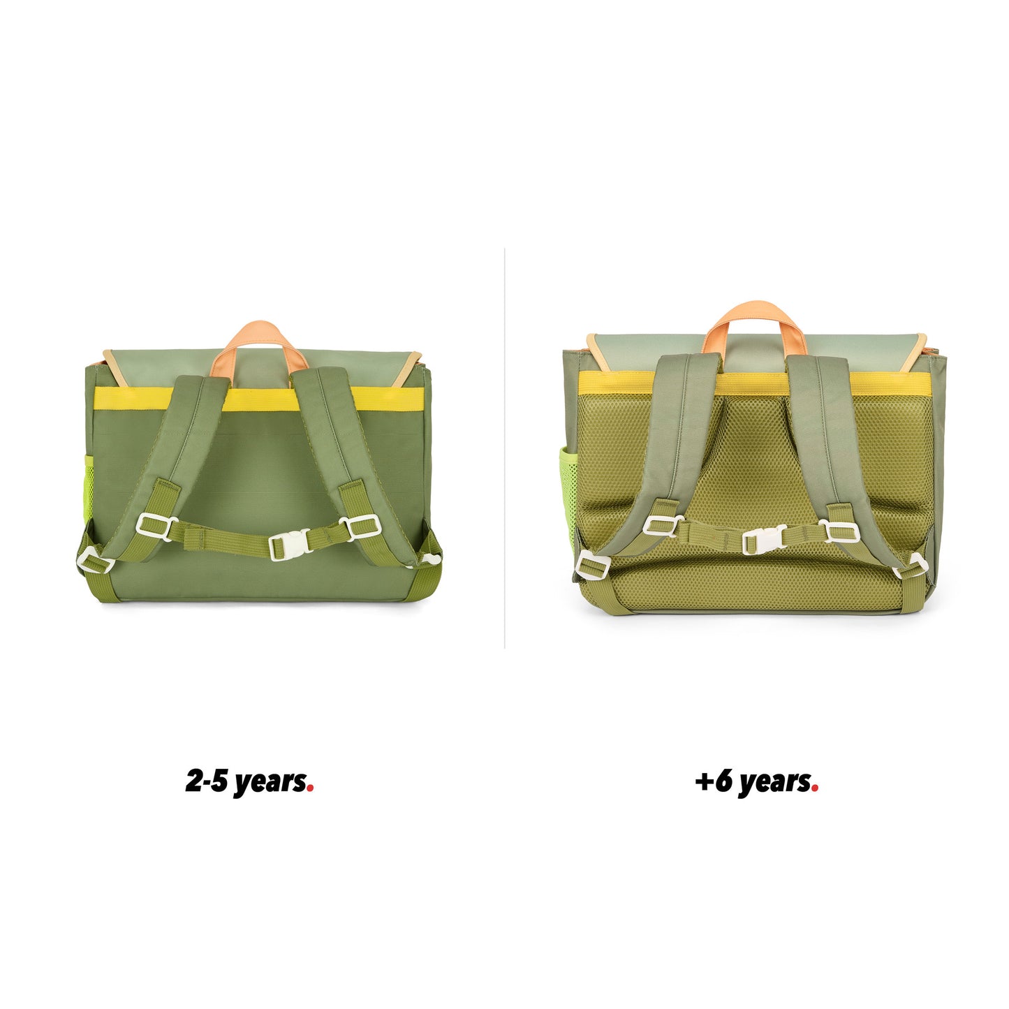 Cartable enfant vert anses marron poche vue de dos comparatif 2 tailles Hello Hossy