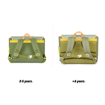 Cartable enfant vert anses marron poche vue de dos comparatif 2 tailles Hello Hossy