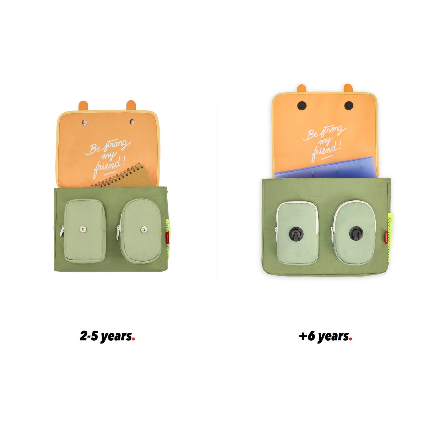 Cartable enfant vert anses marron poche vue de face ouvert comparatif 2 tailles Hello Hossy