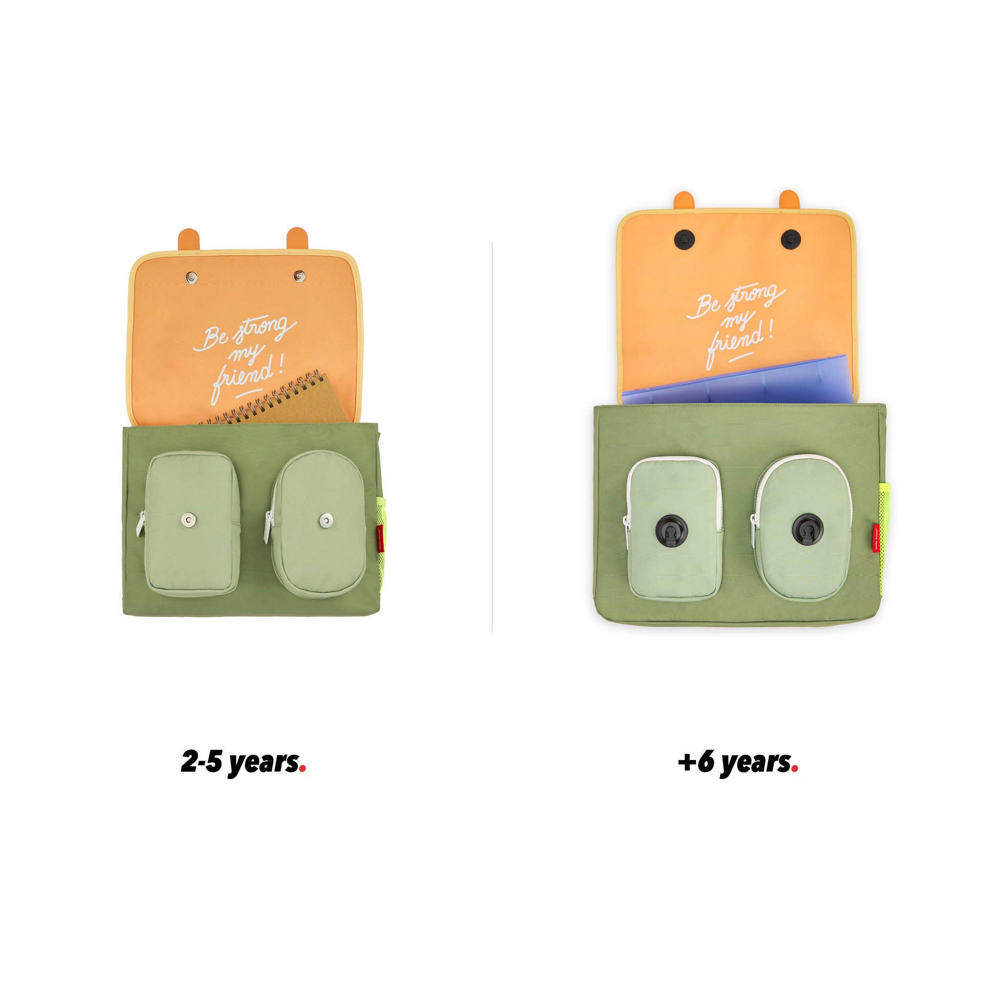Cartable enfant vert anses marron poche vue de face ouvert comparatif 2 tailles Hello Hossy