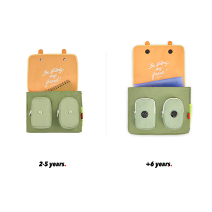 Cartable enfant vert anses marron poche vue de face ouvert comparatif 2 tailles Hello Hossy