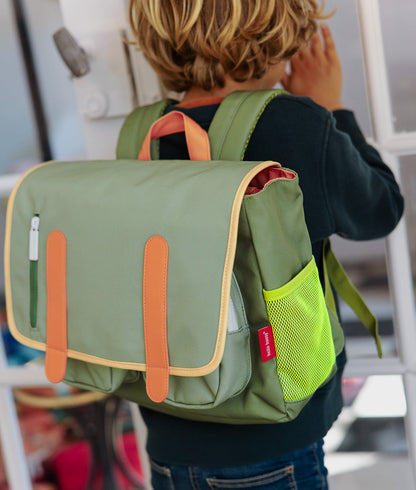 Sac à dos enfant vert avec poches filet jaune fluo Hello Hossy