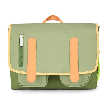 Cartable enfant vert détails beige poches avant Hello Hossy