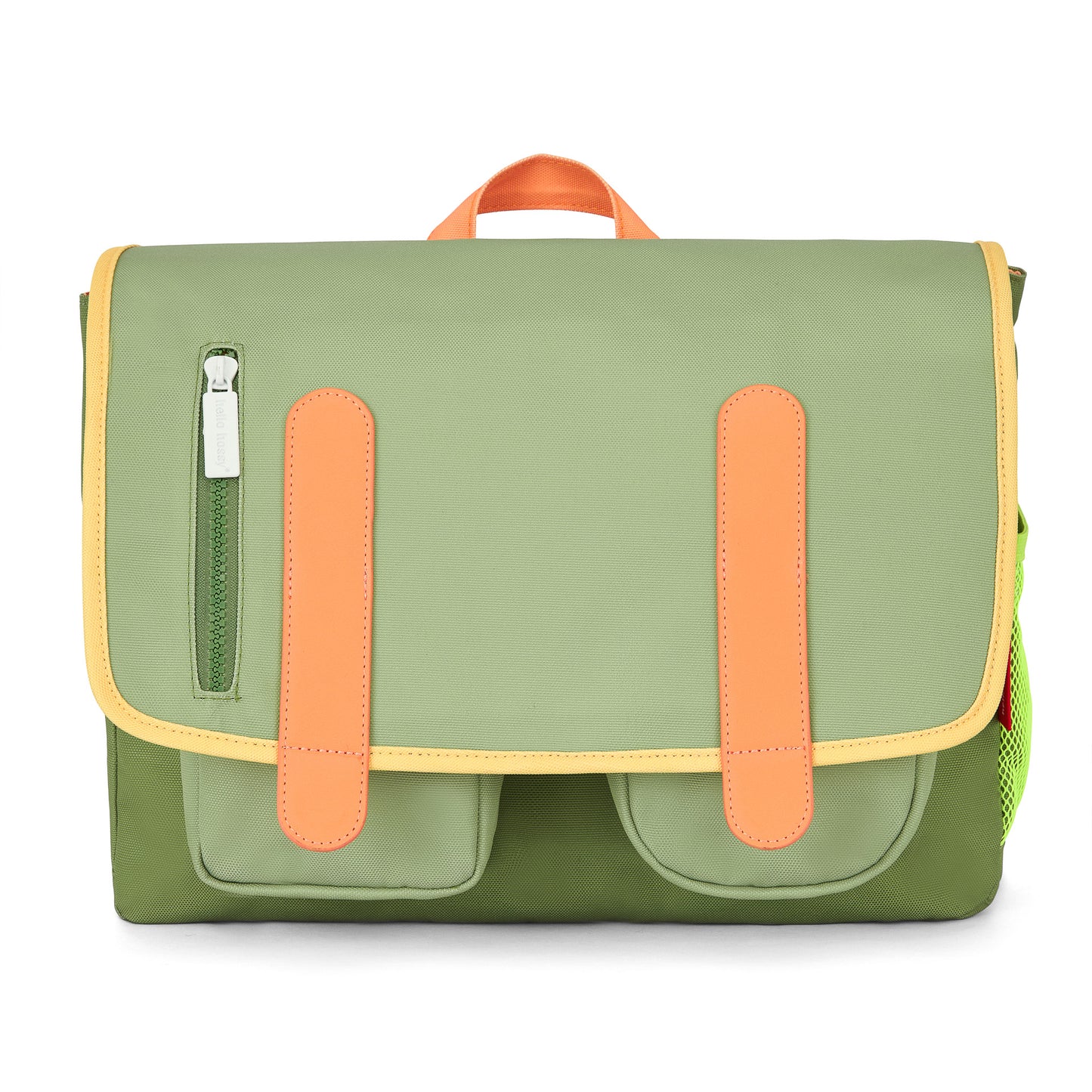 Cartable enfant vert détails orange poches avant Hello Hossy