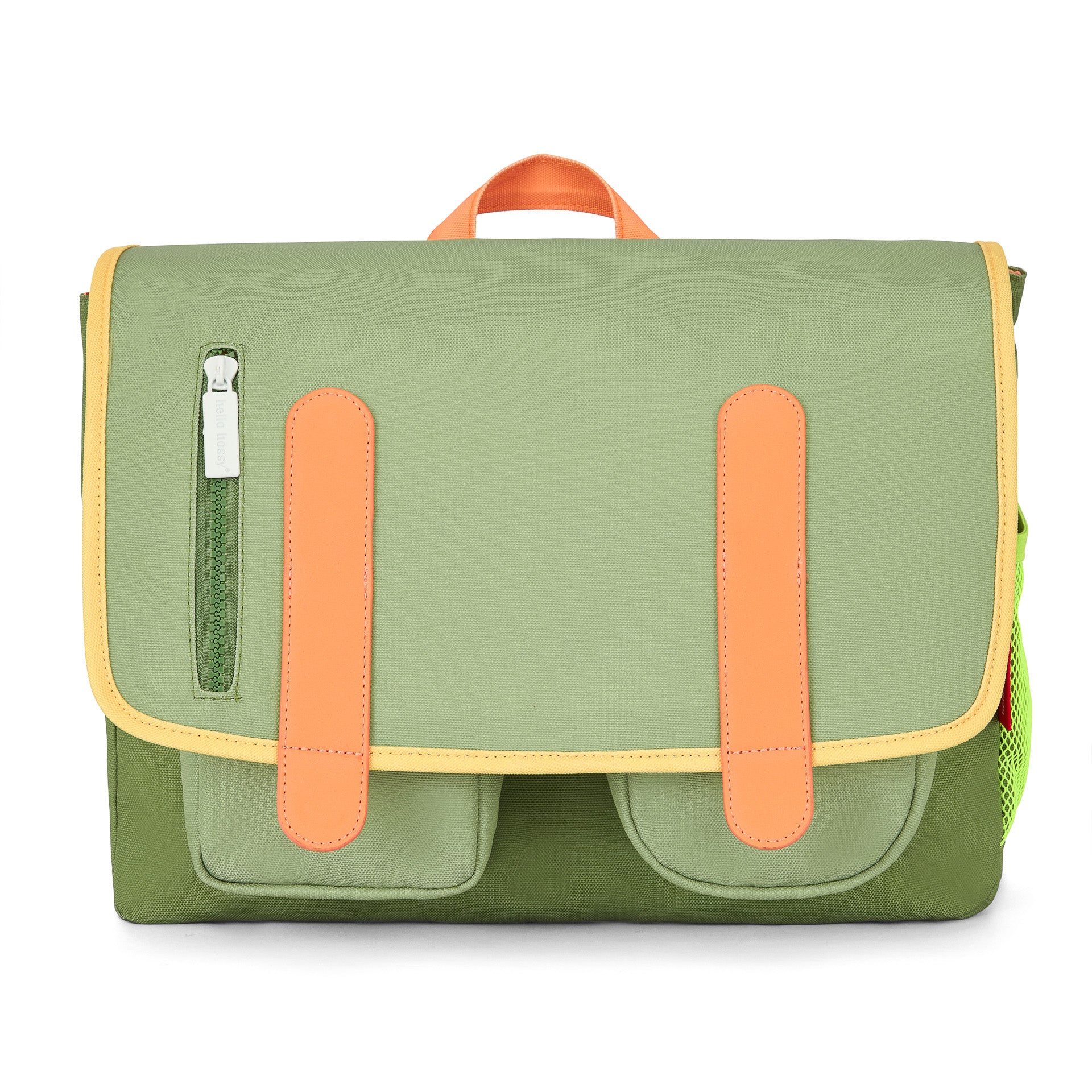 Cartable enfant vert détails orange poches avant Hello Hossy