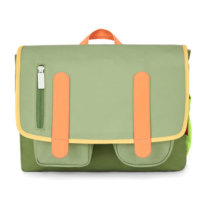 Cartable enfant vert détails orange poches avant Hello Hossy