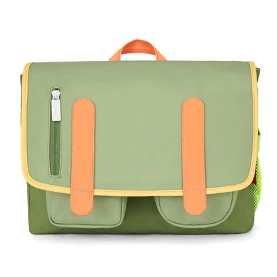 Cartable enfant vert détails orange poches avant Hello Hossy