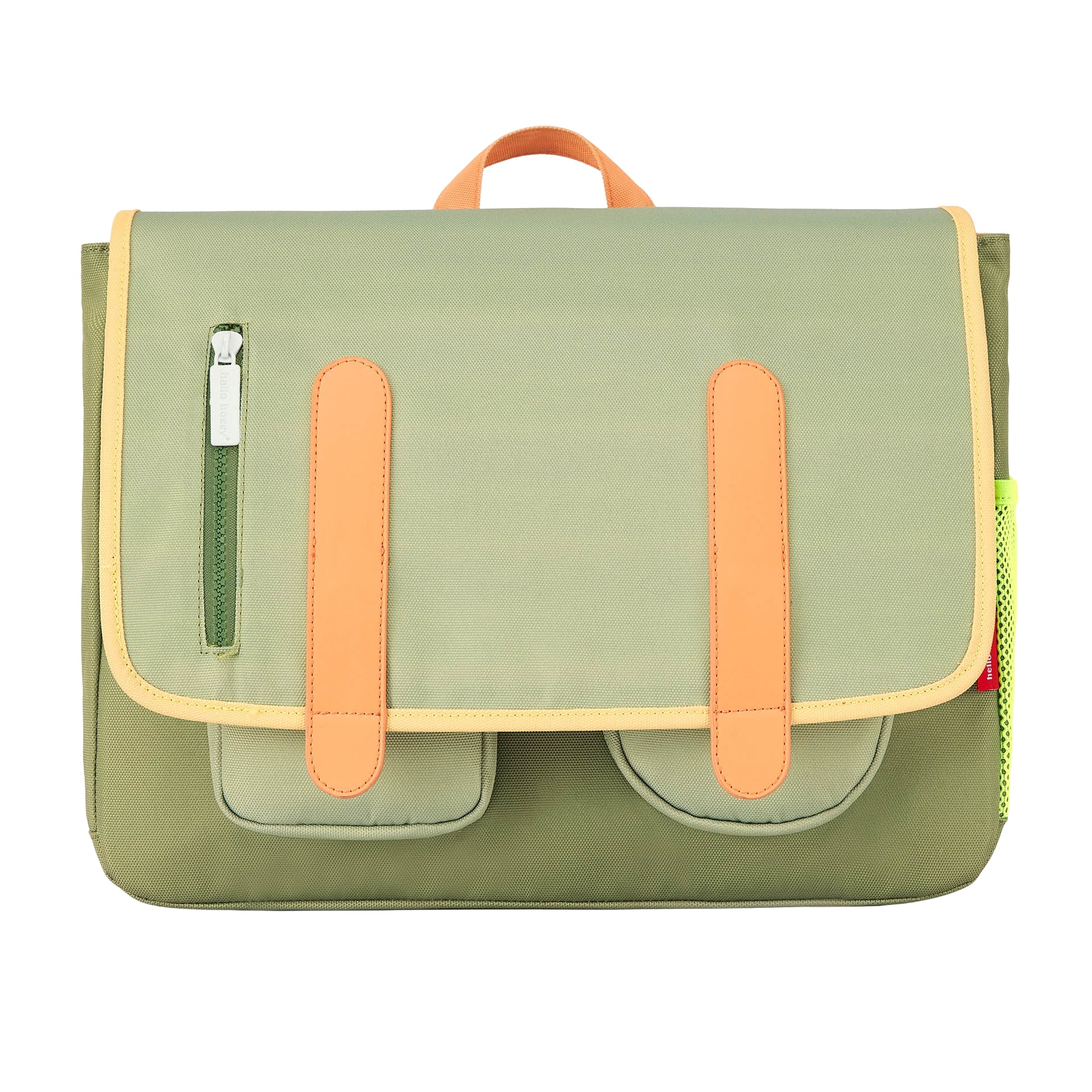 Cartable enfant vert poches multiples détails orange Hello Hossy