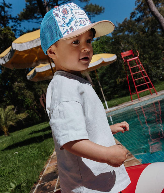 Casquette enfant trucker blanche et bleue motif baseball Hello Hossy