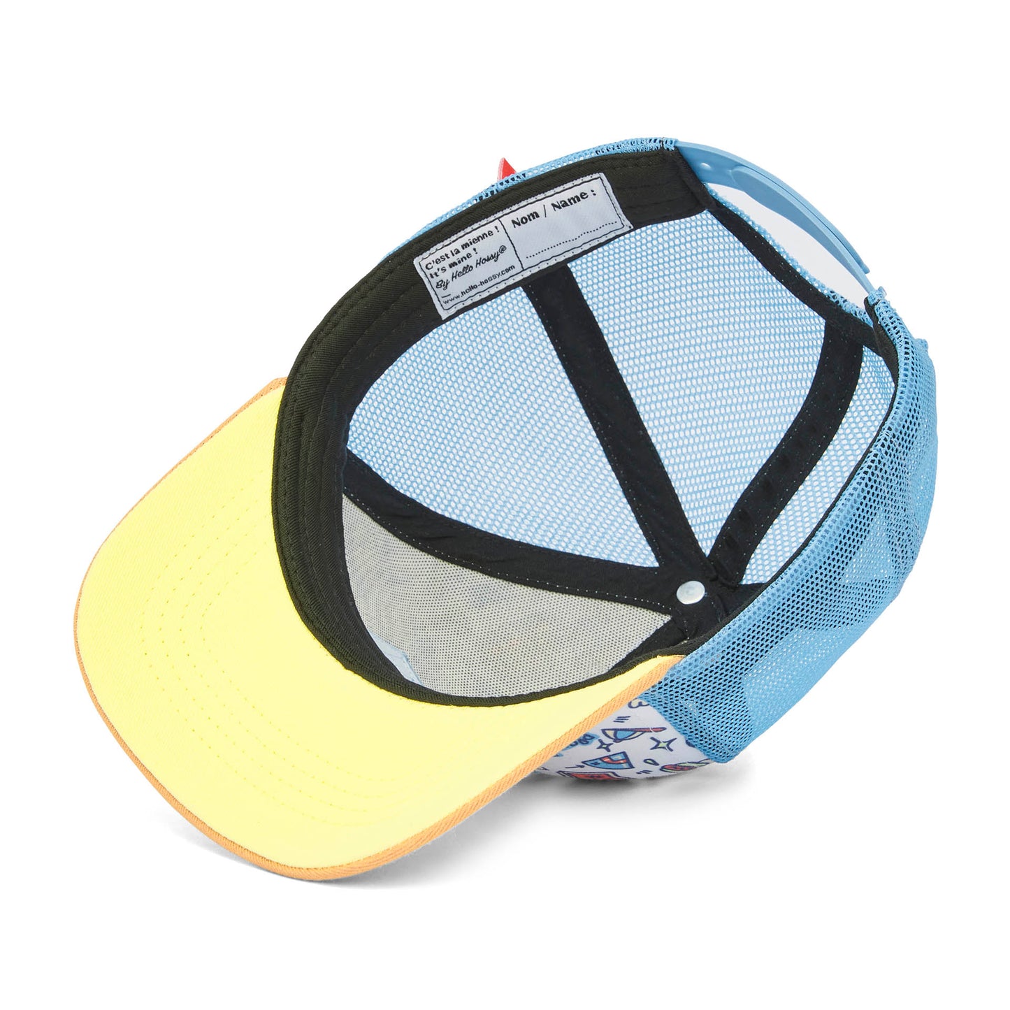 Casquette enfant trucker motif baseball filet bleu détail étiquette intérieure Hello Hossy