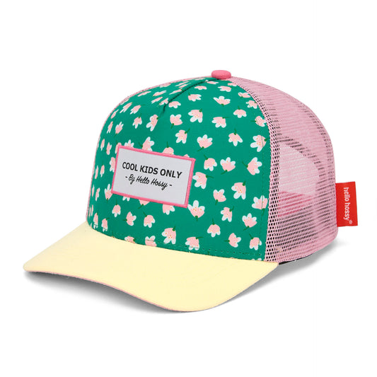 Casquette enfant trucker verte motif fleurs roses non portée Hello Hossy