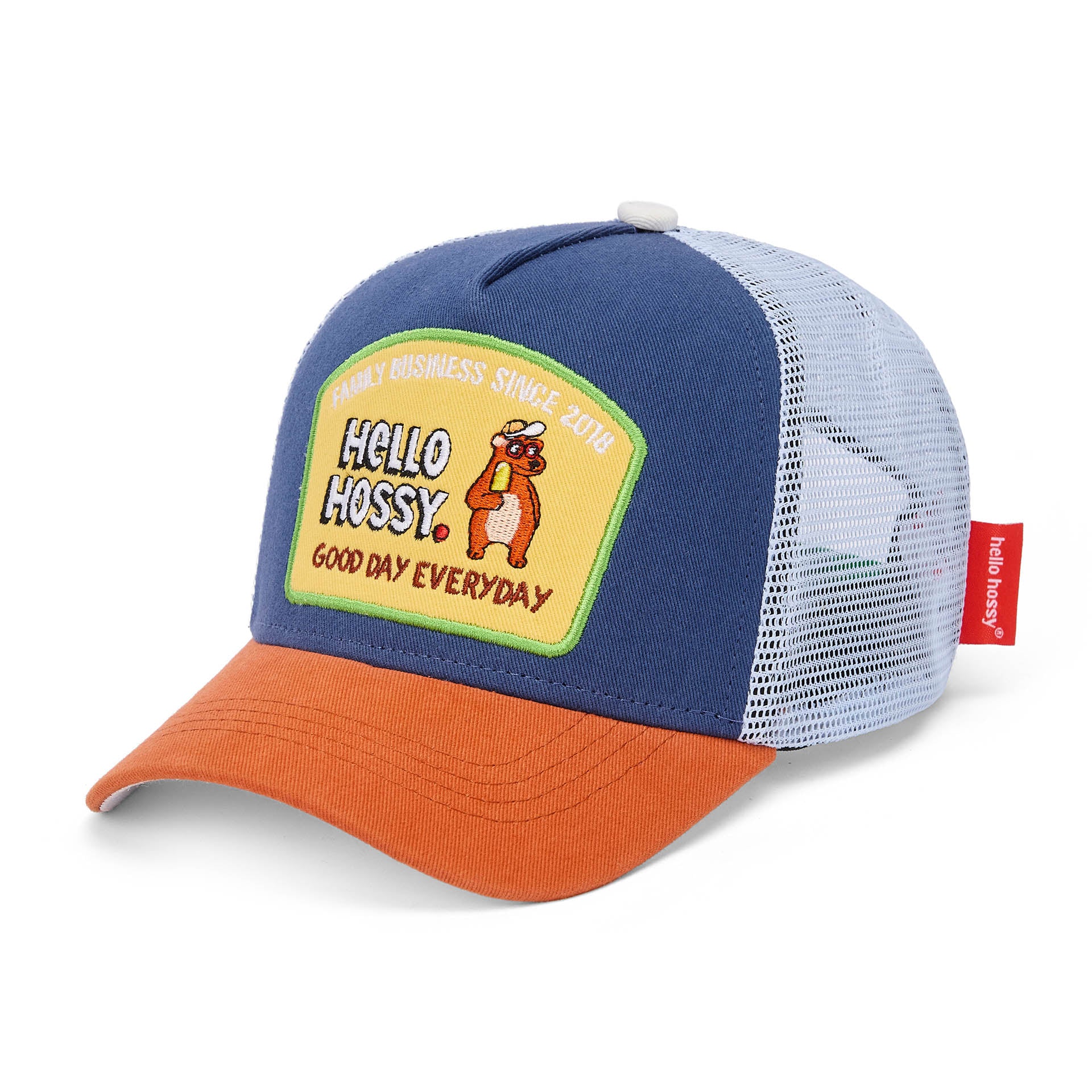 Casquette enfant bleu visière orange filet arrière patch Hello Hossy