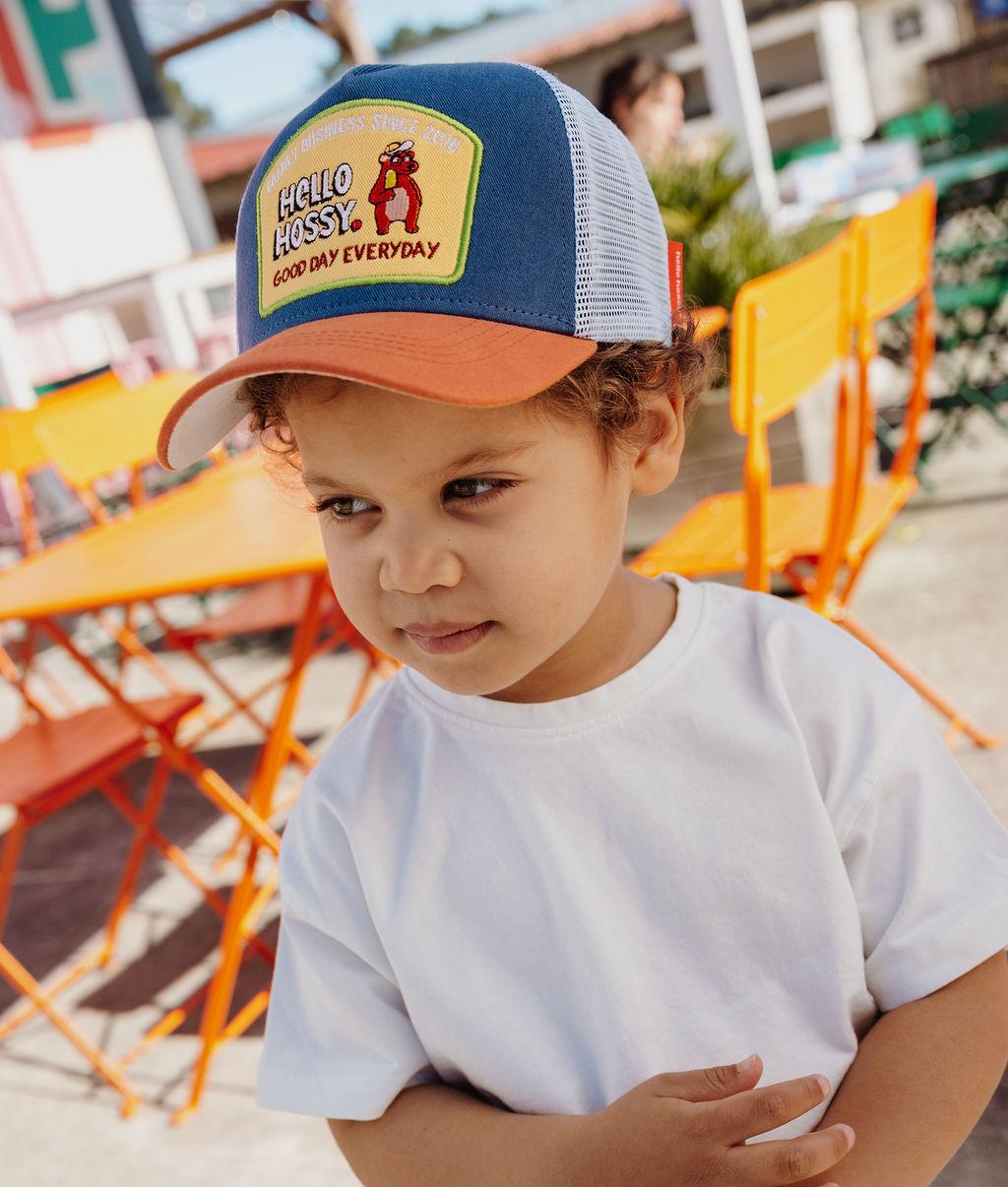 Casquette enfant bleu-orange visière courbée patch Hello Hossy