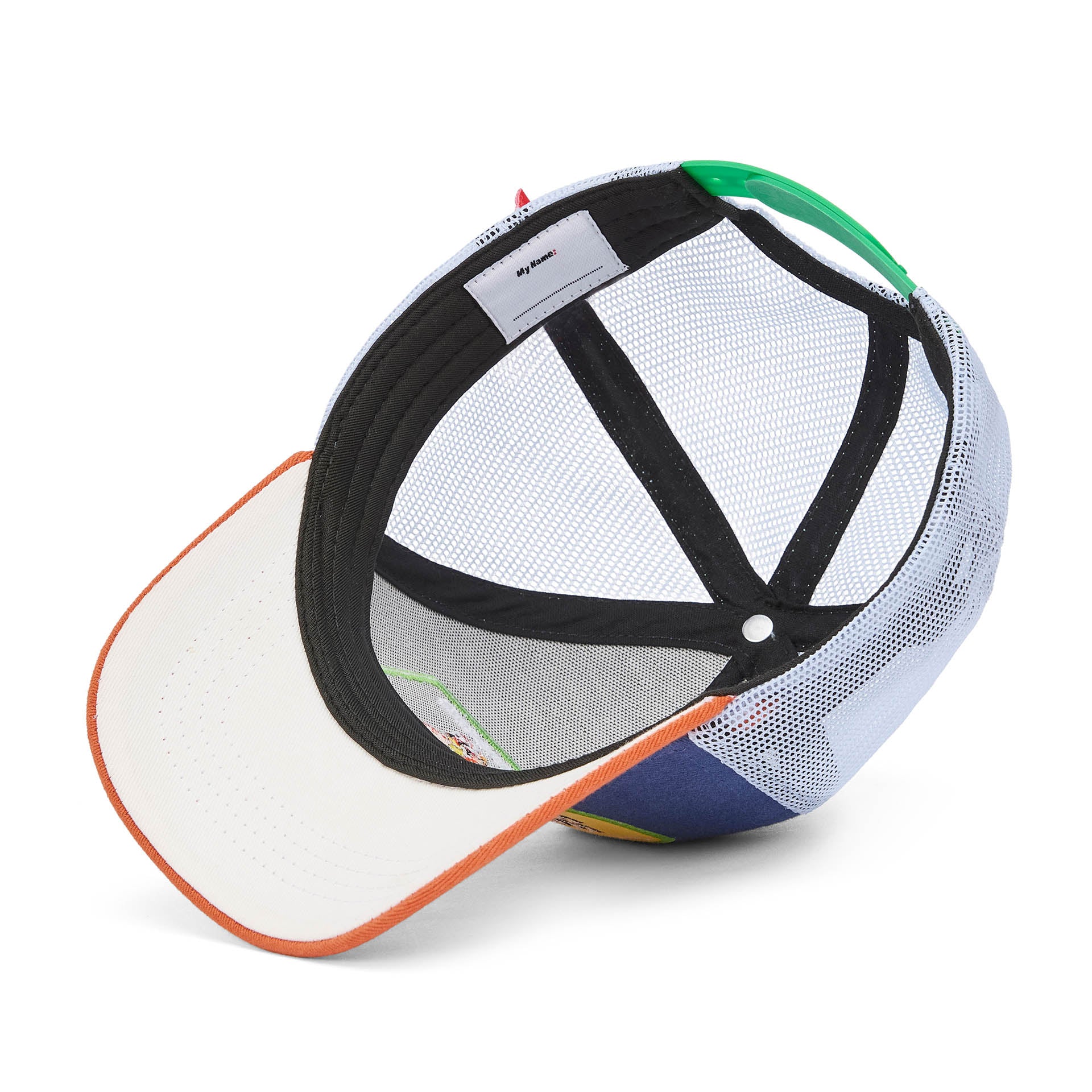 Casquette enfant bleu orange visière courbée filet blanc Hello Hossy