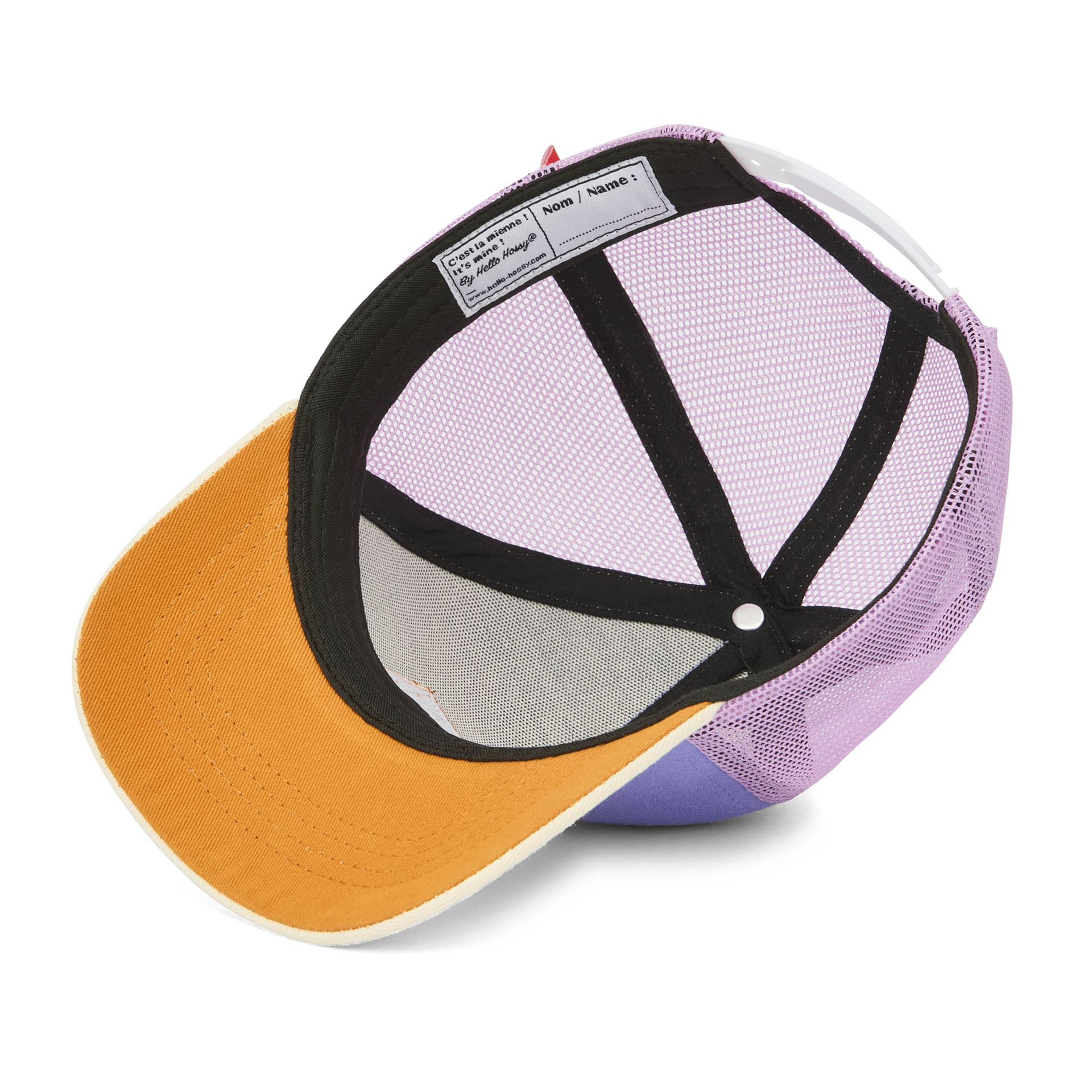 Casquette enfant trucker violette et rose détail étiquette intérieure Hello Hossy