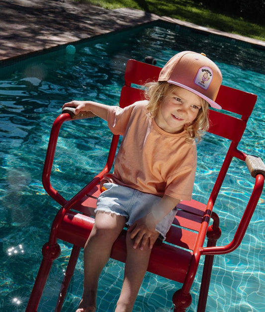 Casquette enfant orange rose patch brodé food visière plate Hello Hossy