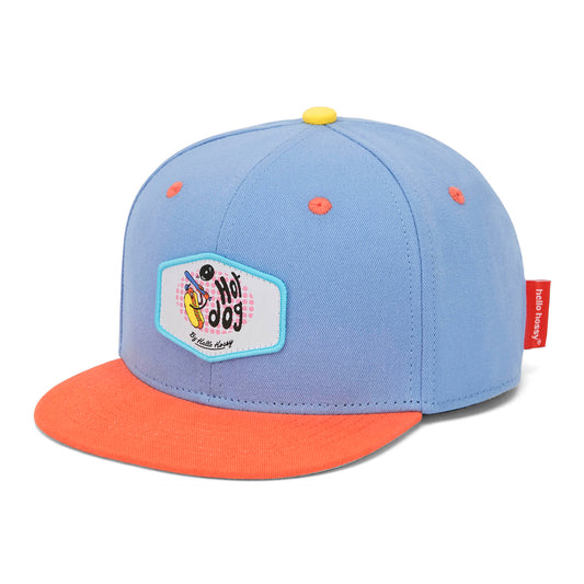 Casquette enfant bleu orange patch Hot Dog visière plate Hello Hossy
