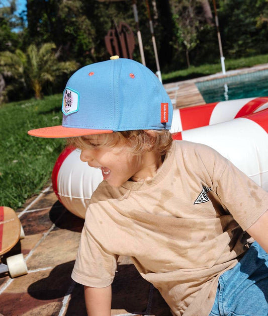 Casquette enfant bleu orange patch Hot Dog visière plate Hello Hossy
