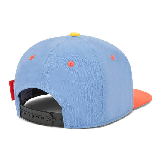 Casquette enfant bleu orange patch visière plate arrière réglable Hello Hossy