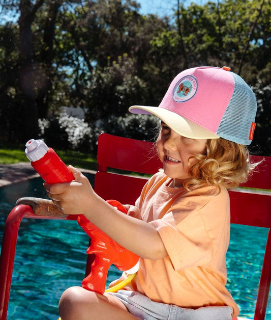 Casquette enfant rose jaune bleu visière courbée patch animaux Hello Hossy