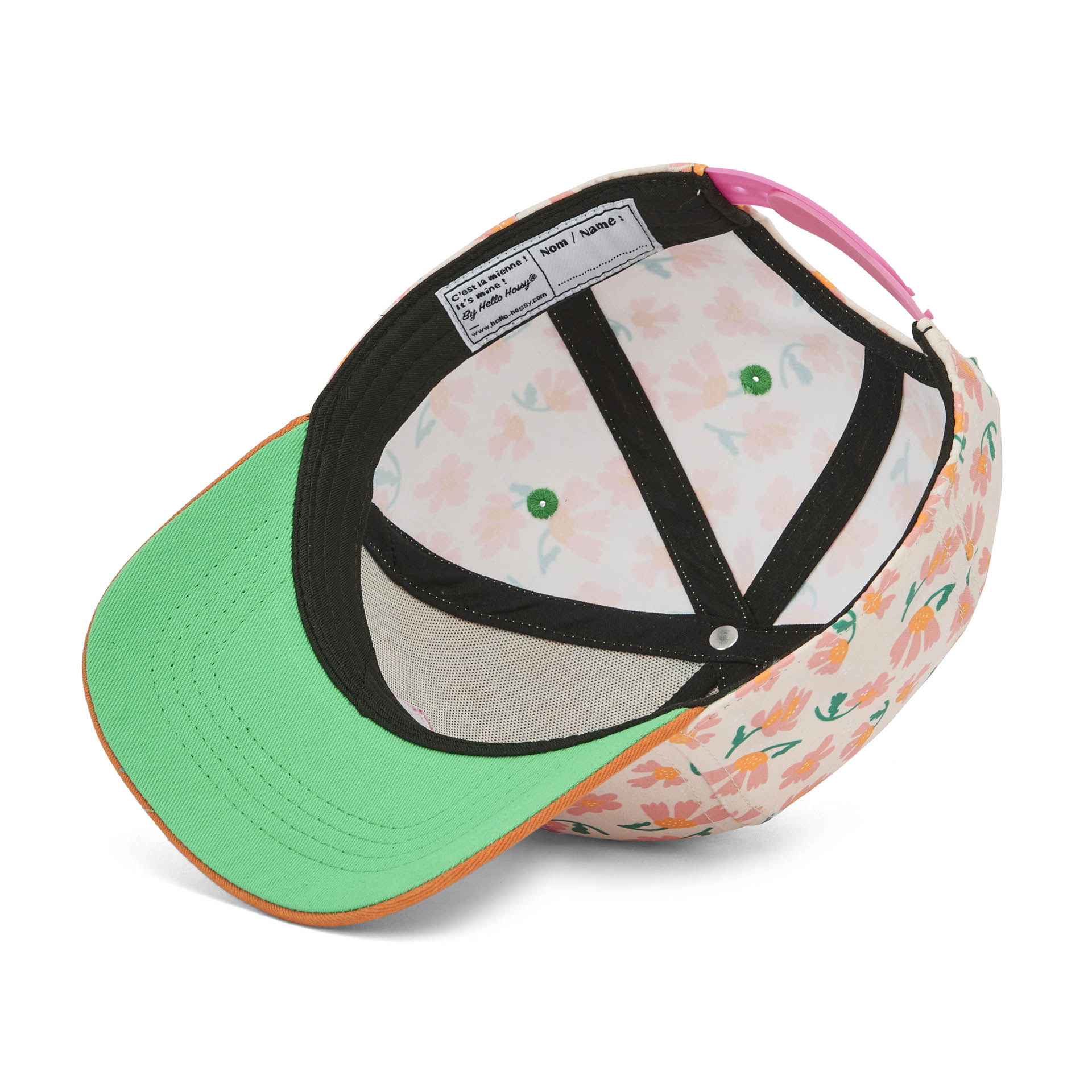 Casquette enfant imprimé floral détail étiquette intérieure Hello Hossy