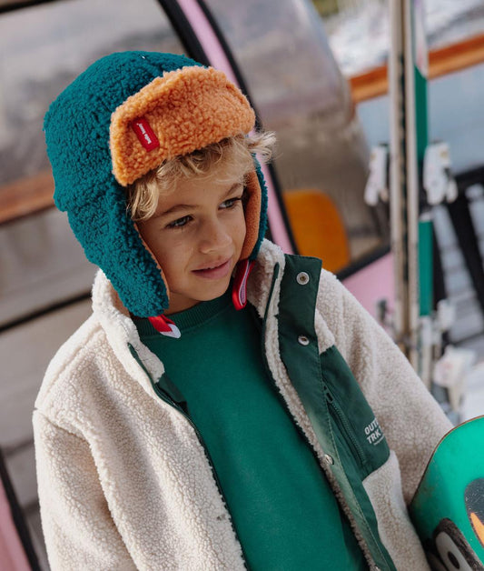 Chapka enfant bicolore bleu camel effet moumoute Hello Hossy
