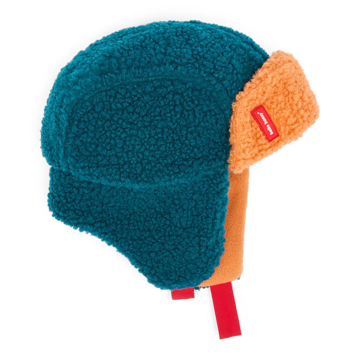 Chapka enfant bleu camel doublure polaire sangles rouges Hello Hossy