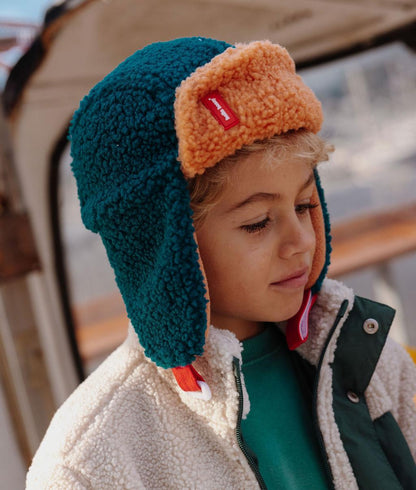 Chapka enfant bleu camel effet moumoute doubles oreilles Hello Hossy