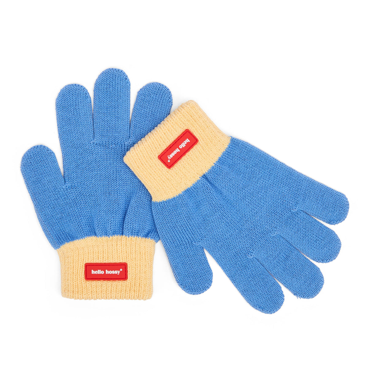 Gants enfant bleu beige élastiques étiquette Hello Hossy