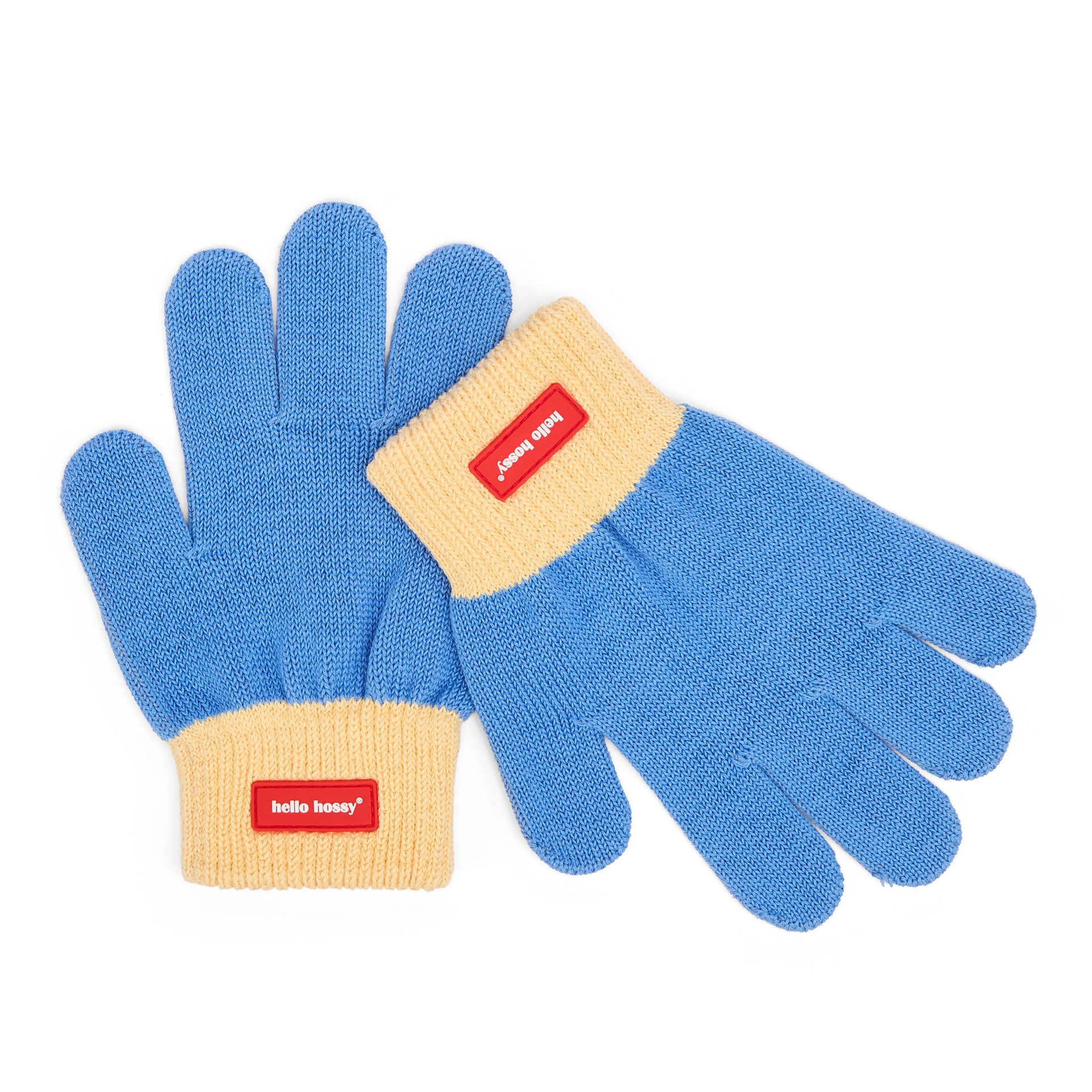 Gants enfant bleu beige élastiques étiquette Hello Hossy