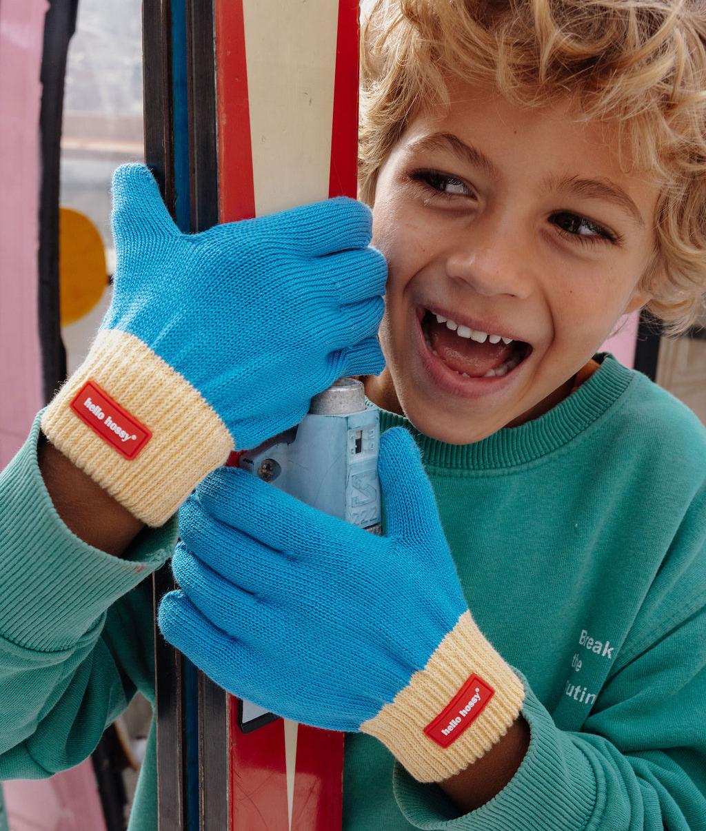 Gants enfant bleu beige bande élastique détail rouge Hello Hossy