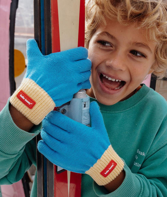 Gants enfant bleu beige bande élastique détail rouge Hello Hossy