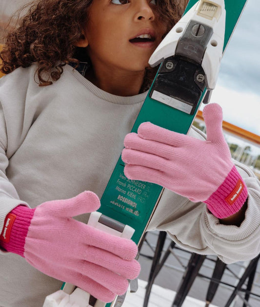 Gants enfant rose fuchsia maille fine étiquette rouge Hello Hossy
