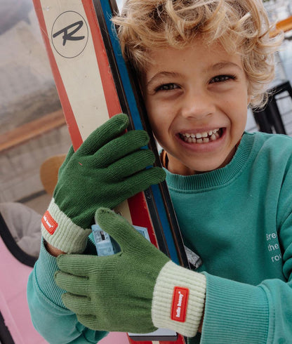 Gants enfant verts bord crème détail rouge Hello Hossy