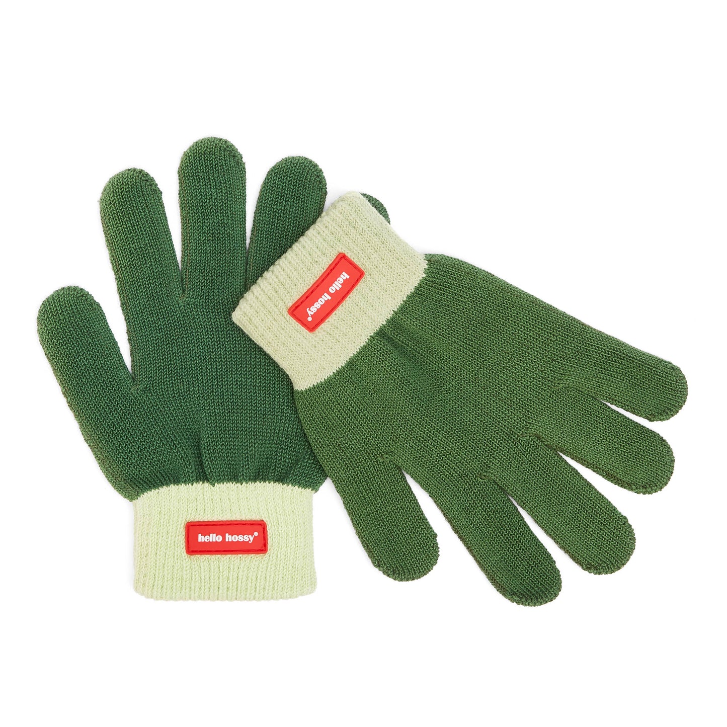 Gants enfant vert manches bords crème étiquette rouge Hello Hossy