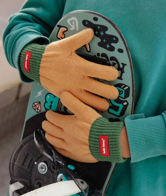 Gants enfant camel vert bord côte étiquette Hello Hossy