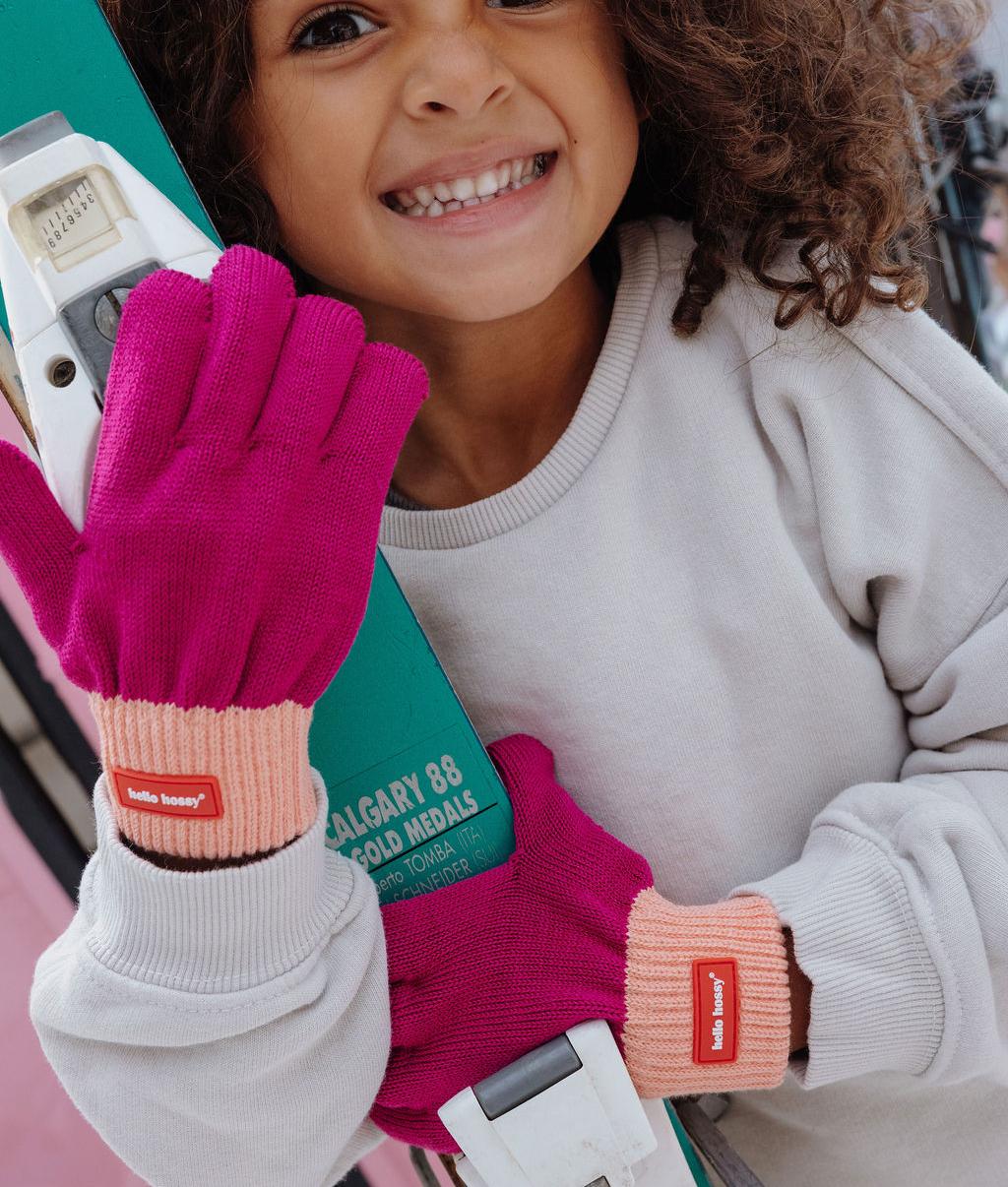 Gants enfant violet bord orange maille fine étiquette Hello Hossy